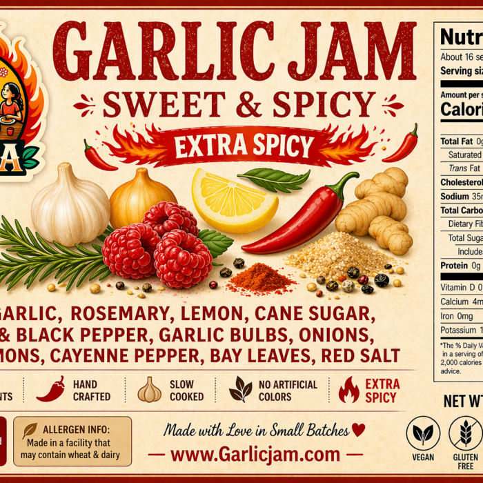 Garlic Jam Sweet & Spicy extra-spicy 10 oz product label