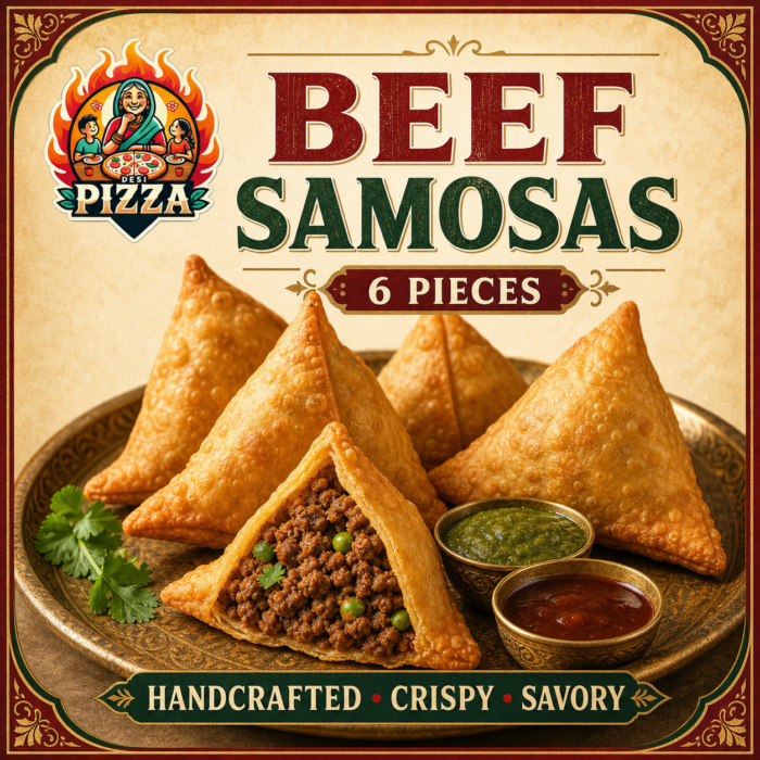 Beef samosas, 6 pieces, with Desi Pizza branding