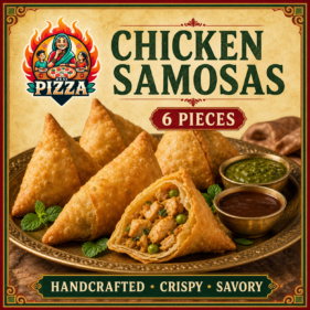 Chicken samosas, 6 pieces, with Desi Pizza branding
