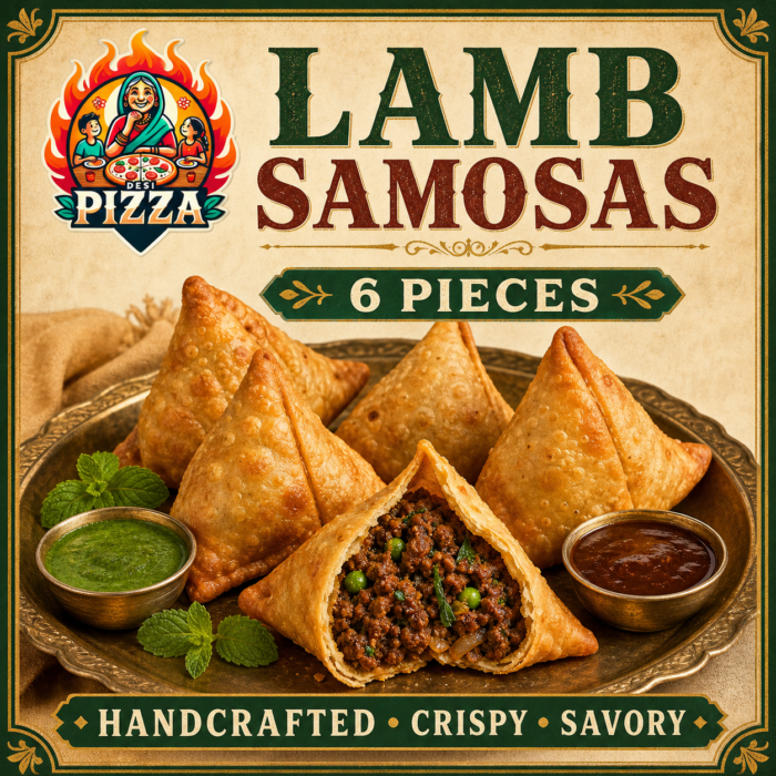 Lamb samosas, 6 pieces, with Desi Pizza branding